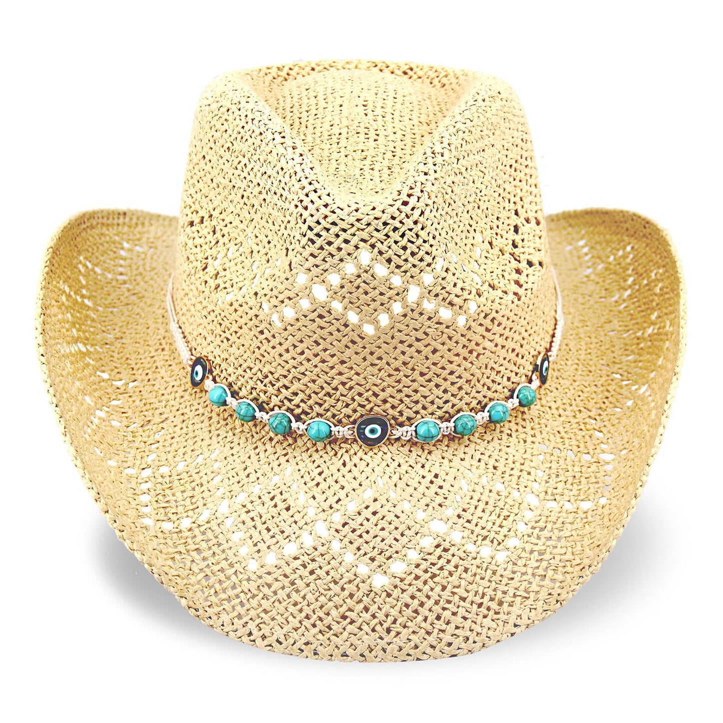 Women's Western Cowgirl Hat Men's Cowboy Hat Straw Cowboy Hat Woven Sun Hat Western HatUnique Two Decorative Bands (US, Alpha, One Size, X-Large, Beige-Eyestone)