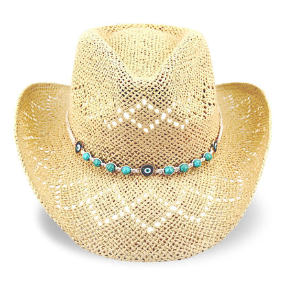Women's Western Cowgirl Hat Men's Cowboy Hat Straw Cowboy Hat Woven Sun Hat Western HatUnique Two Decorative Bands (US, Alpha, One Size, X-Large, Beige-Eyestone)