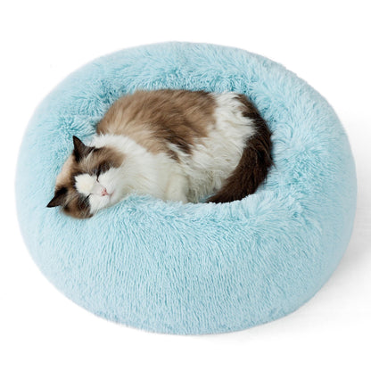Bedsure Calming Cat Beds for Indoor Cats - Small Cat Bed Washable 20 inches, Anti-Slip Round Fluffy Plush Faux Fur Pet Bed, Fits up to 15 lbs Pets, Aqua Blue
