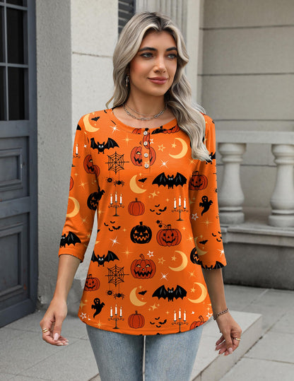 Zeagoo Halloween Shirts Round Neck T Shirts for Women 3/4 Sleeve Blouses Dressy Casual Fall Clothes 2025 Tunic Tops