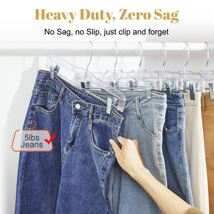 HOUSE DAY 12 Pack 14 inch Clear Plastic Skirt Hangers with Adjustable Clips, Pants Hangers 360-Rotating Swivel Hook, Clip Hangers for Pants, Trousers, Skirts, Jeans, Bulk Plastic Hangers