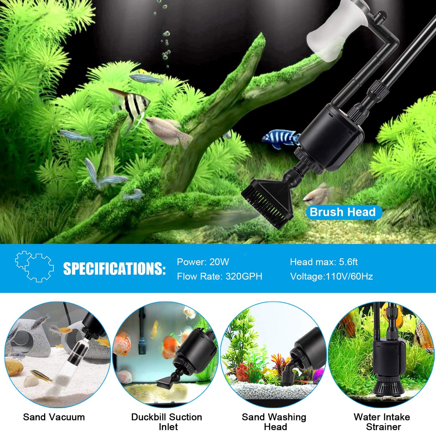 AQQA Aquarium Gravel Cleaner, 6-in-1 Electric Fish Tanks Gravel Vacuum Cleaner Set for Remove Dirt, Change Water, Wash Sand, Water Shower, Water Circulation (20W, 320GPH)