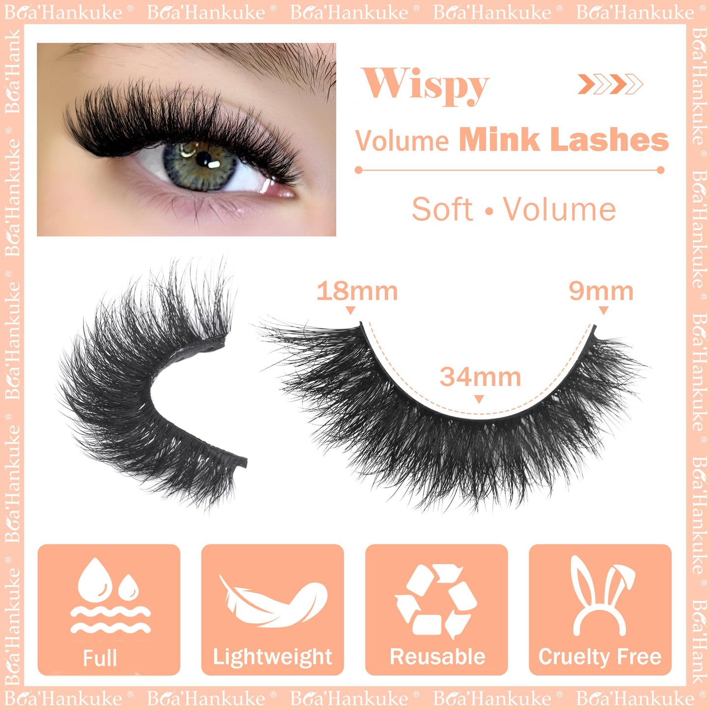 Boahankuke False Eyelashes Mink Lashes Full 18MM Cat Eye Lashes D Curvature Wispy Fake Lashes 8D Natural Strip Lashes Volume Lightweight Lashes Pack with Soft Cotton Band,7 Pairs