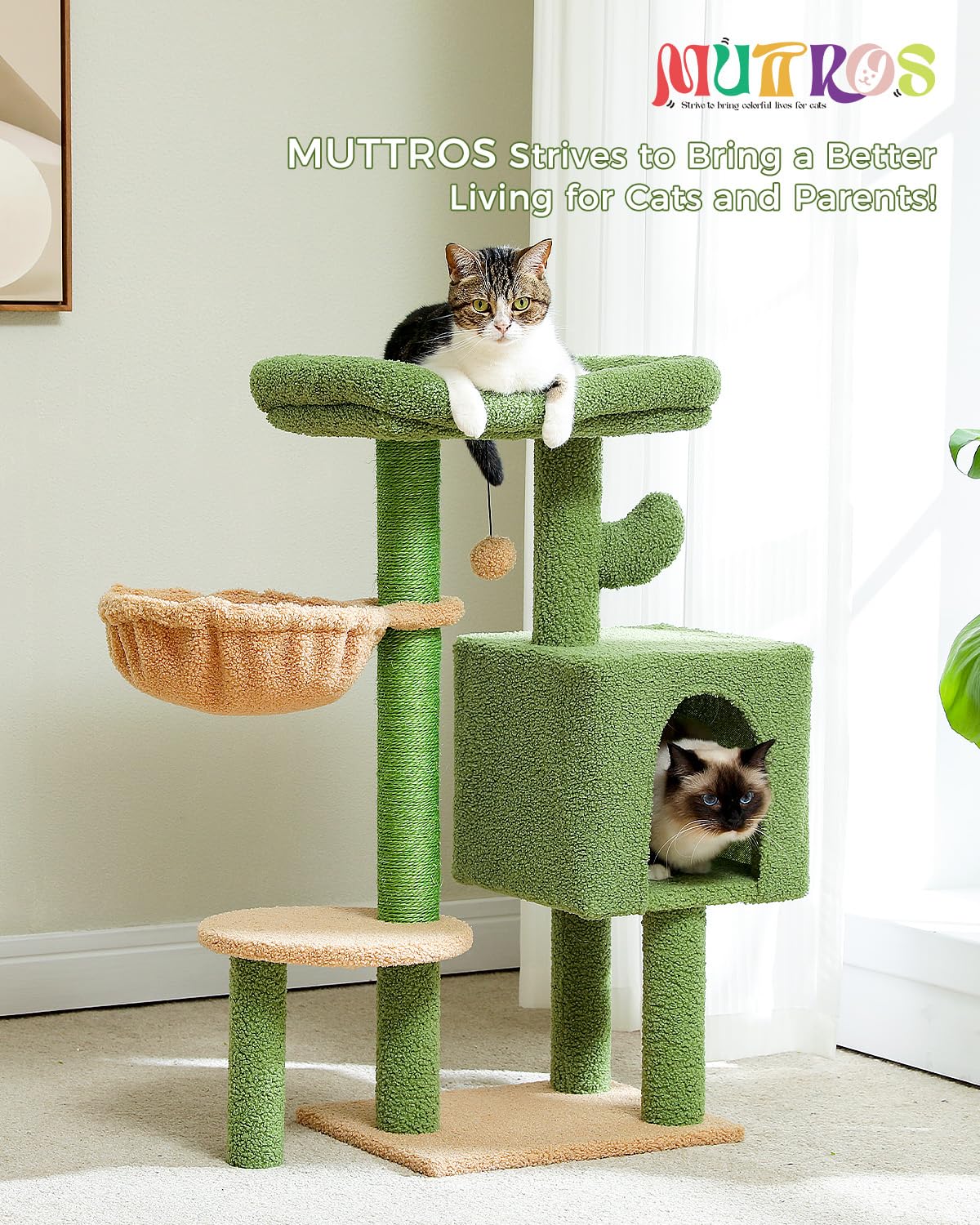 Cactus Cat Tree 35.4"- Medium Cat Tower w/Sisal Scratching Post, Cat Condo for Indoor Cats, Large Padded Top Perch, Comfy Hammock, and 2 Dangling Balls for Small-Medium Cats, Green