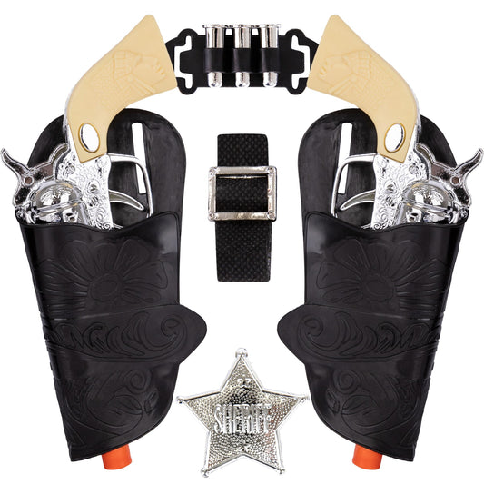 ArtCreativity Cowboy Toy Gun Holster and Belt 9 Piece Set for Kids. 2 Toy Pistols, 1 Sheriff Badge, 2 Gun Holsters, and 3 Play Bullets, 1 Adjustable Belt, Old Western Action Belt for Sheriff