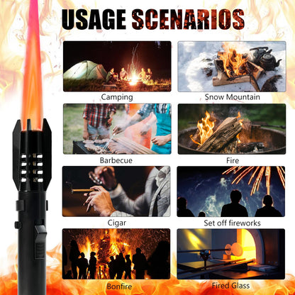 Camping Lighter, Torch Lighter, Straight Flame Bright Fire Refillable Windproof Adjustable Color with Safety Lock for Campfires Kitchen Hiking Candles Fireplace BBQ Outdoor Essentials (Black)