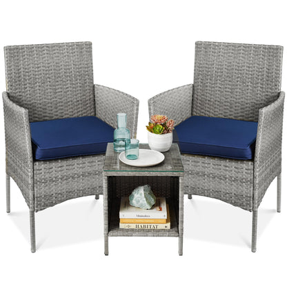 Best Choice Products 3-Piece Outdoor Wicker Conversation Bistro Set, Space Saving Patio Furniture for Garden w/Side Table - Gray/Navy
