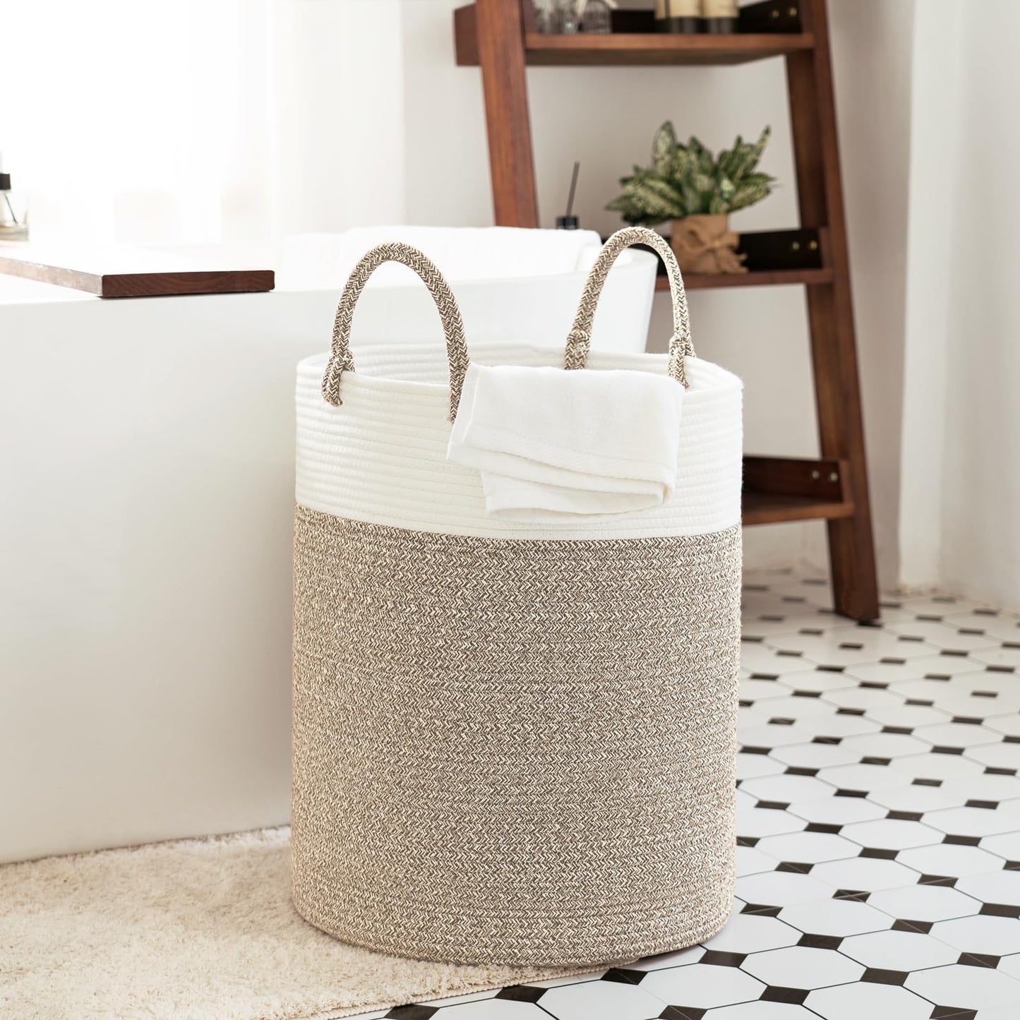 INDRESSME Tall Wicker Laundry Basket, Large Woven Clothes Hamper for Bedroom, Bathroom, Living room, Tall Nursery Hamper for Blankets, Toys, 16 x 20 inches White & Brown