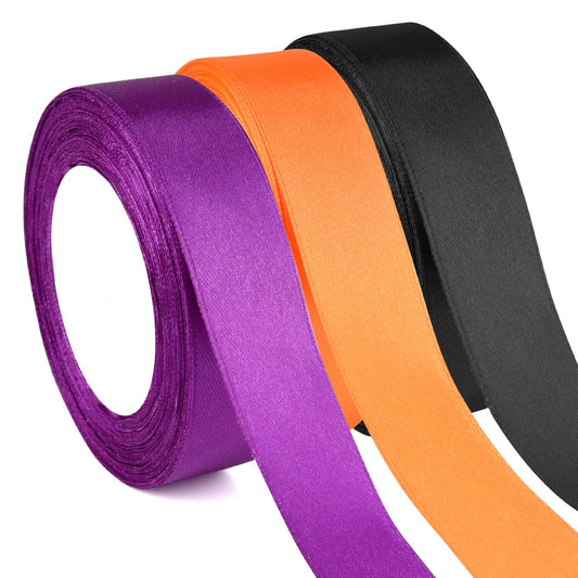 ASTARON Satin Ribbon for Halloween Crafts - 1 Inch, Purple Black Orange Solid Color Fabric Ribbon for Gift Wrapping, Bouquets, DIY Hair Bows and Decorations