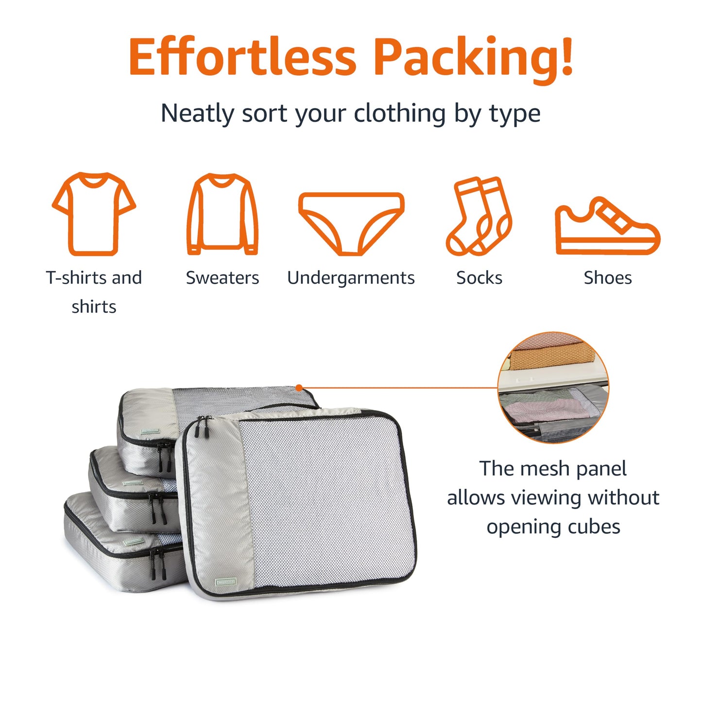 Amazon Basics 4 Piece Packing Cubes Travel Organizer Set with Double Zipper, Mesh Top, Large, Gray