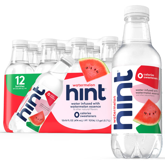 Hint Fruit-Infused Bottled Water, Watermelon - Sugar Free Flavored Water with Zero Calories, Naturally Flavored, and No Artificial Sweeteners - 16 Fl Oz (Pack of 12)