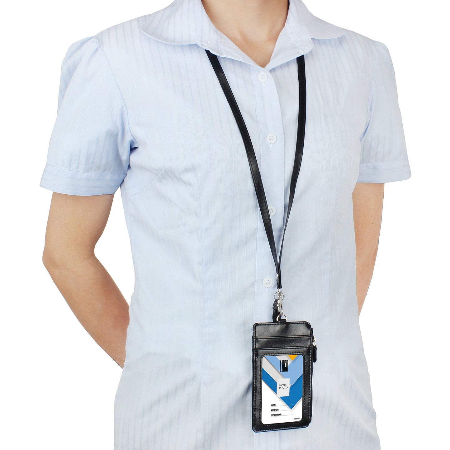 Badge Holder with Zipper, Wisdompro School Supply 2-Sided PU Leather College ID Badge Holder with 1 ID Window, 4 Card Holder Slots, 1 Side Pocket and 20 Inch Leather Neck Strap Lanyard -Vertical Black