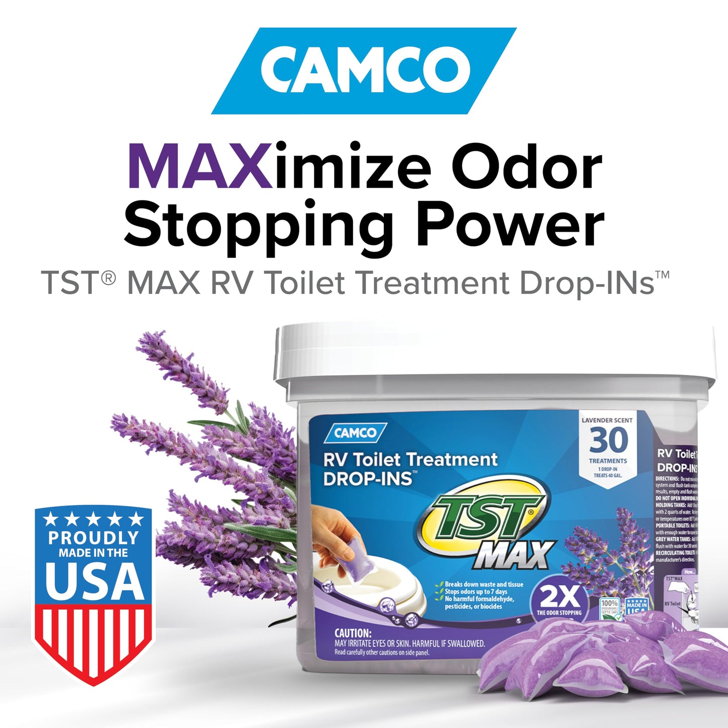 Camco TST MAX RV Toilet Treatment Drop-INs - Control Unwanted Odors and Break Down Waste and Tissue - Septic Tank Safe - Lavender Scent - 30-pack (41553)