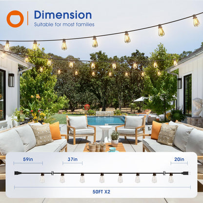 addlon 100FT(50FT*2) LED Outdoor String Lights Waterproof Patio Lights with Shatterproof ST38 Replaceable Bulbs, Dimmable Outside Hanging Light Connectable for Porch, Backyard, 2200K
