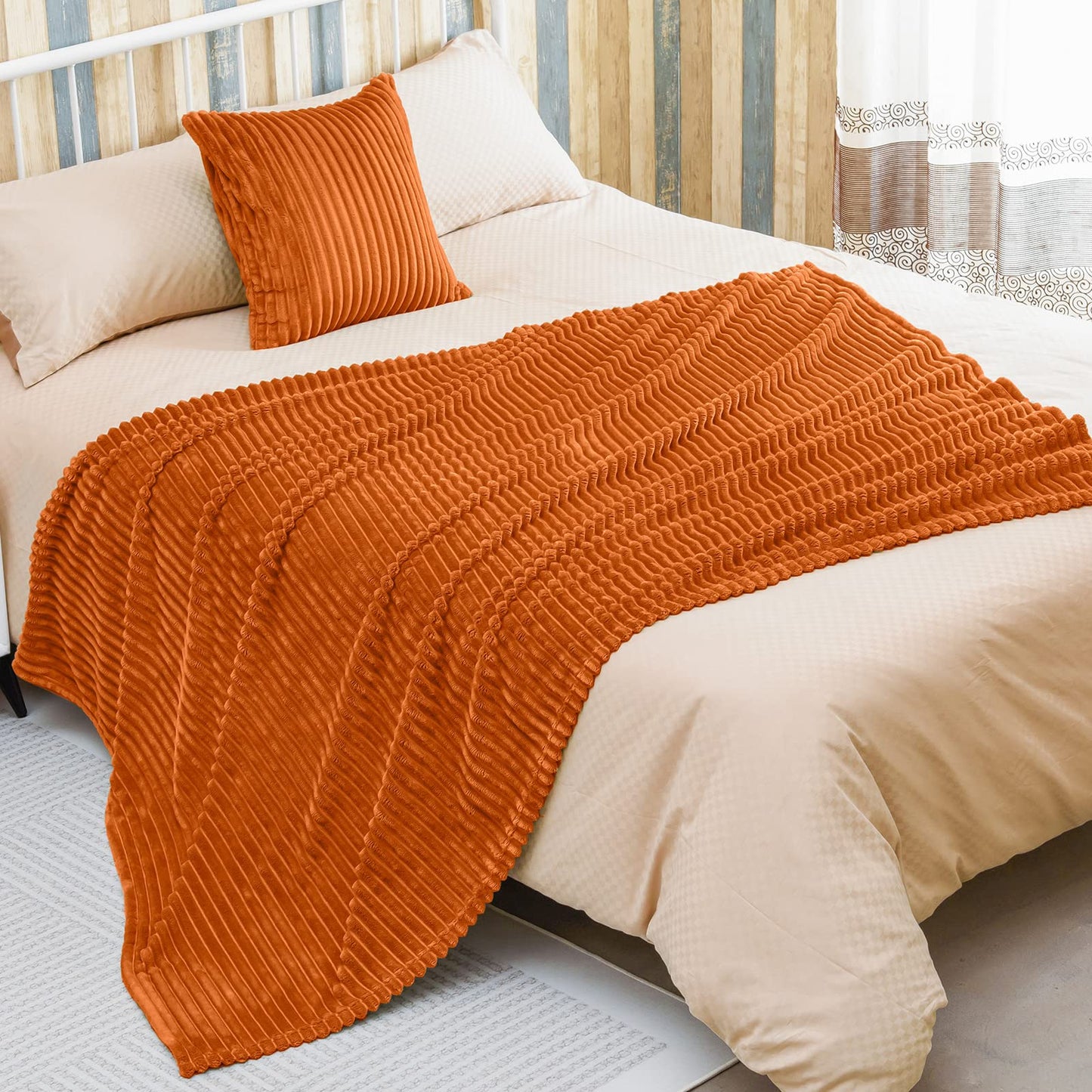 Bnuitland Burnt Orange Flannel Throw (50X71 inches) with Pillow Cover(18×18"),300GSM Super Soft Fleece Stripe Pattern Sofa Blanket, Lightweight Cozy Bed Throw for Home Decor All Season