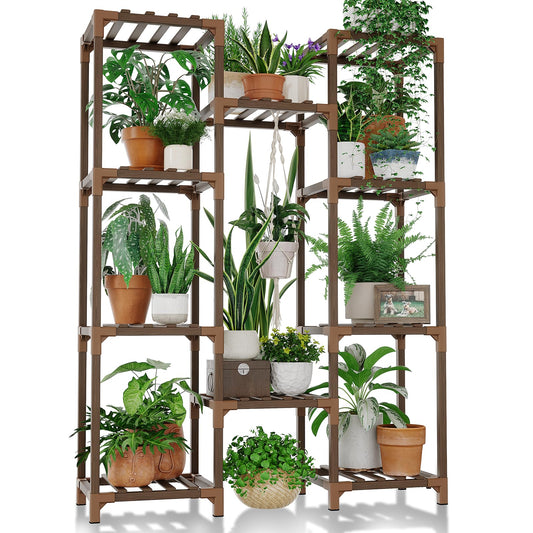 Bamworld Plant Stand Indoor Outdoor Tall Plant Shelf for Multiple Plants Pots Wood Flower Stand Large Flower Holder for Living Room, Patio, Balcony, Garden Decor, Brown