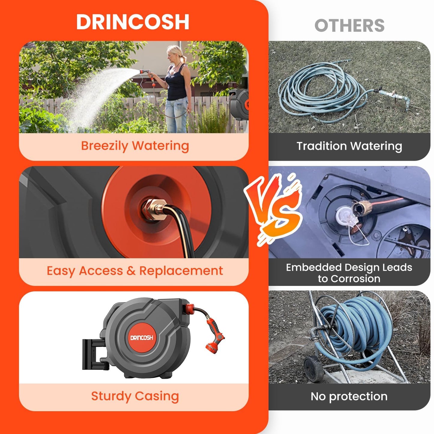 3rd Generation Retractable Garden Hose 130 ft x 1/2 inch Heavy Duty Wall-Mounted Hose Reels for Outside 180° Swivel Automatic Slow Return Any Length Lock 9 Pattern Nozzle UV Resistant (Black)