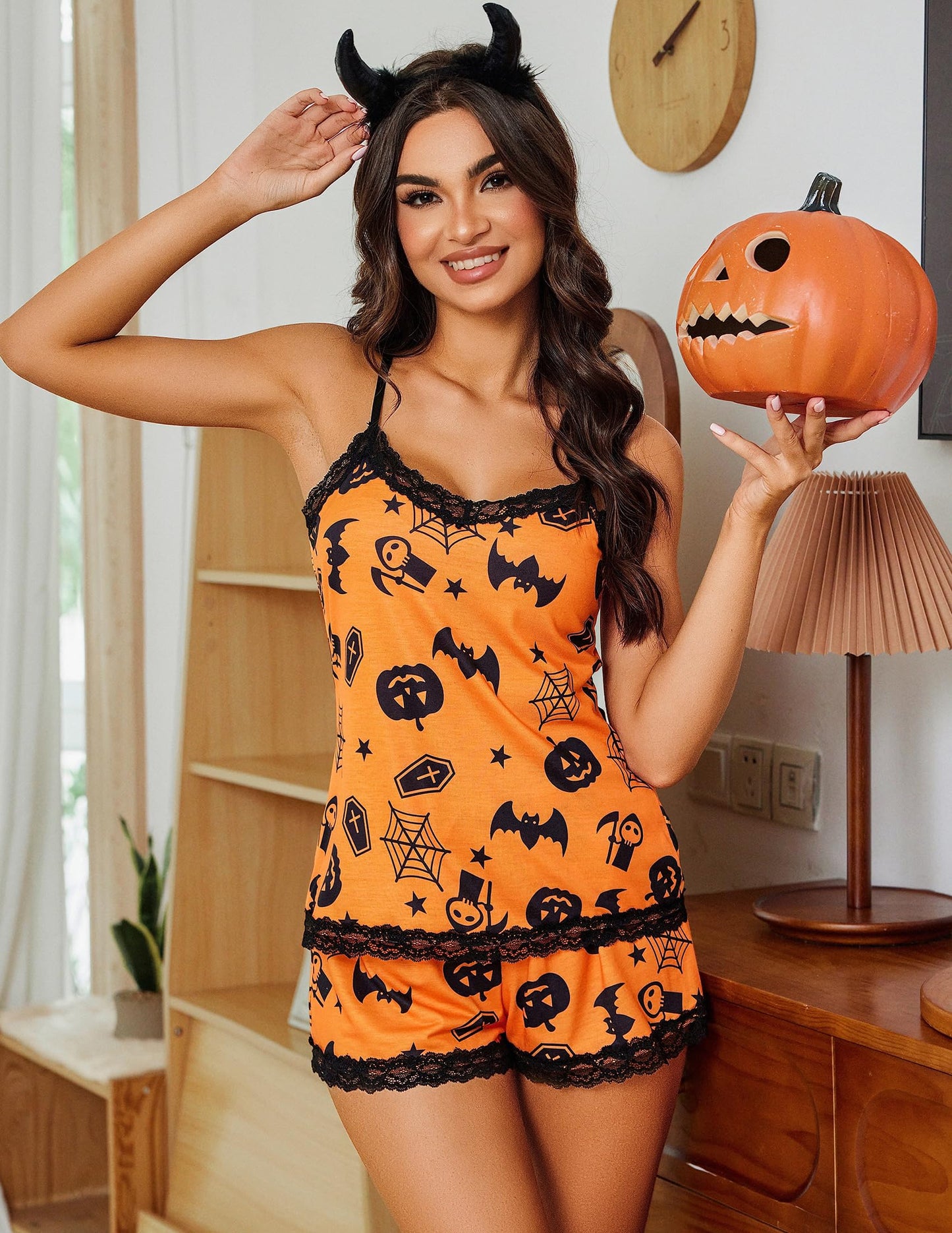 Avidlove Womens Halloween Pajama Sets with Shorts Sexy Cami PJ Set Lace Trim Sleepwear Halloween Orange M