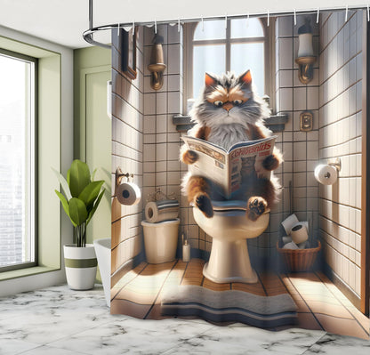 Ambesonne Funny Shower Curtain, Humorous Scene with a Cat Sitting on a Toilet and Reading Paper Print, Cloth Fabric Bathroom Decor Set with Hooks, 69" W x 70" L, Pale Cinnamon and Coconut