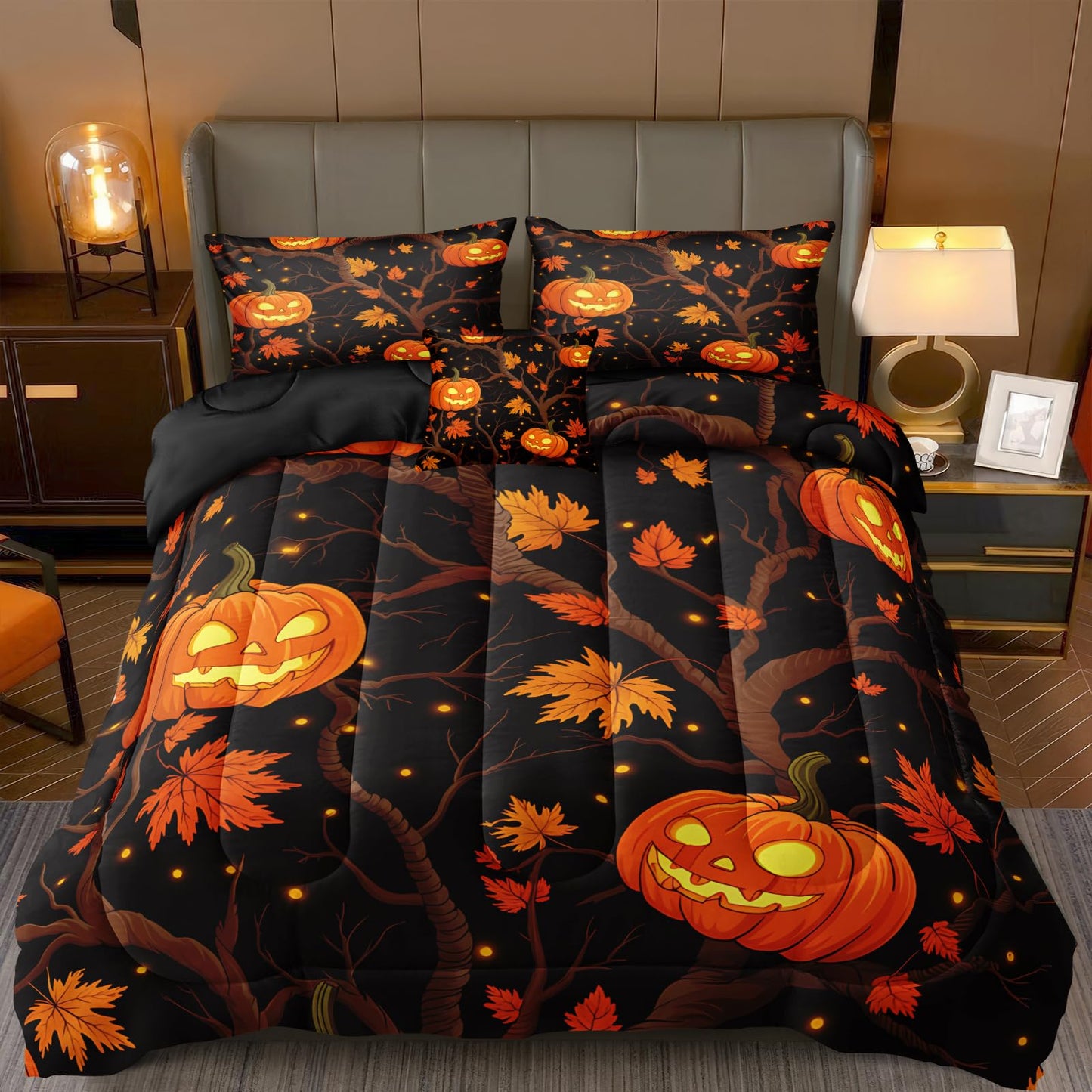 Black Pumpkin Bedding Happy Halloween Comforter Set Orange Pumpkin Lantern Spooky Ghost Festival Theme Black Halloween Bedding Comforter Set King Size