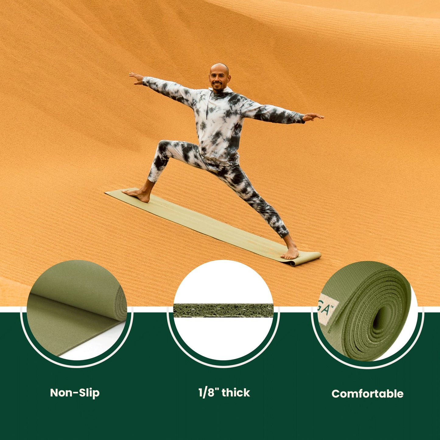 JadeYoga Travel Yoga Mat - Packable, Lightweight, & Portable Yoga Mat - Non-Slip Natural Rubber Mat for Women & Men - Great for Yoga, Home, Gym, Pilates, Fitness & Stretching (Olive Green, 68" x 24")