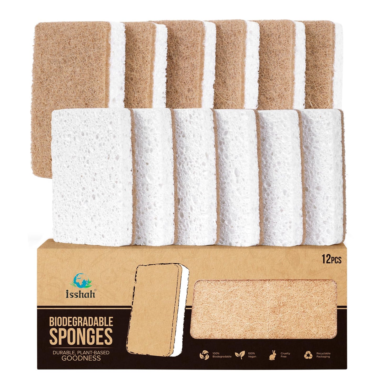 Isshah Plant-Based Kitchen Sponges - FSC Certified and PETA Approved, Natural, Eco-Friendly, Biodegradable Sisal Hemp Sponges for Dishes, Cleaning Sponge for Kitchen, Bathroom, Household - 12 Count