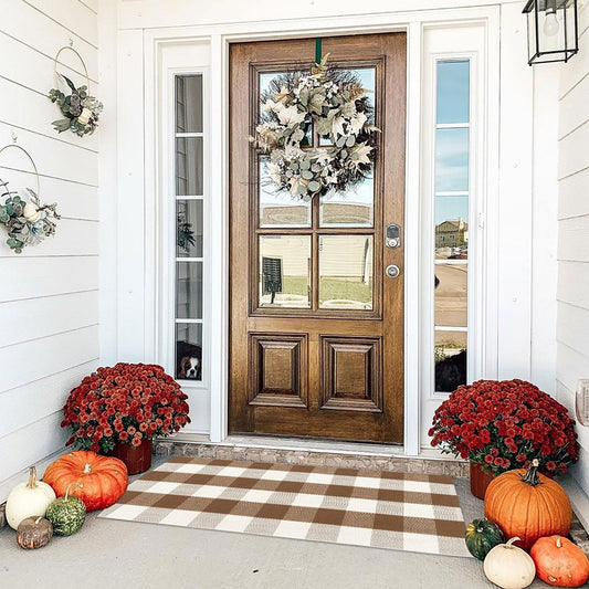 Buffalo Plaid Outdoor Rugs, 2'x4'3'' Brown and White Checkered Indoor/Outdoor Area Rug, Layering Rug for Hello/Welcome Door Mat, Washable Cotton Woven Farmhouse Mat for Fall Front Porch Décor