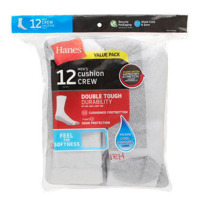 Hanes Mens Double Tough Socks, 12-pair Pack Crew Socks, White/Grey Foot Bottom, 6-12