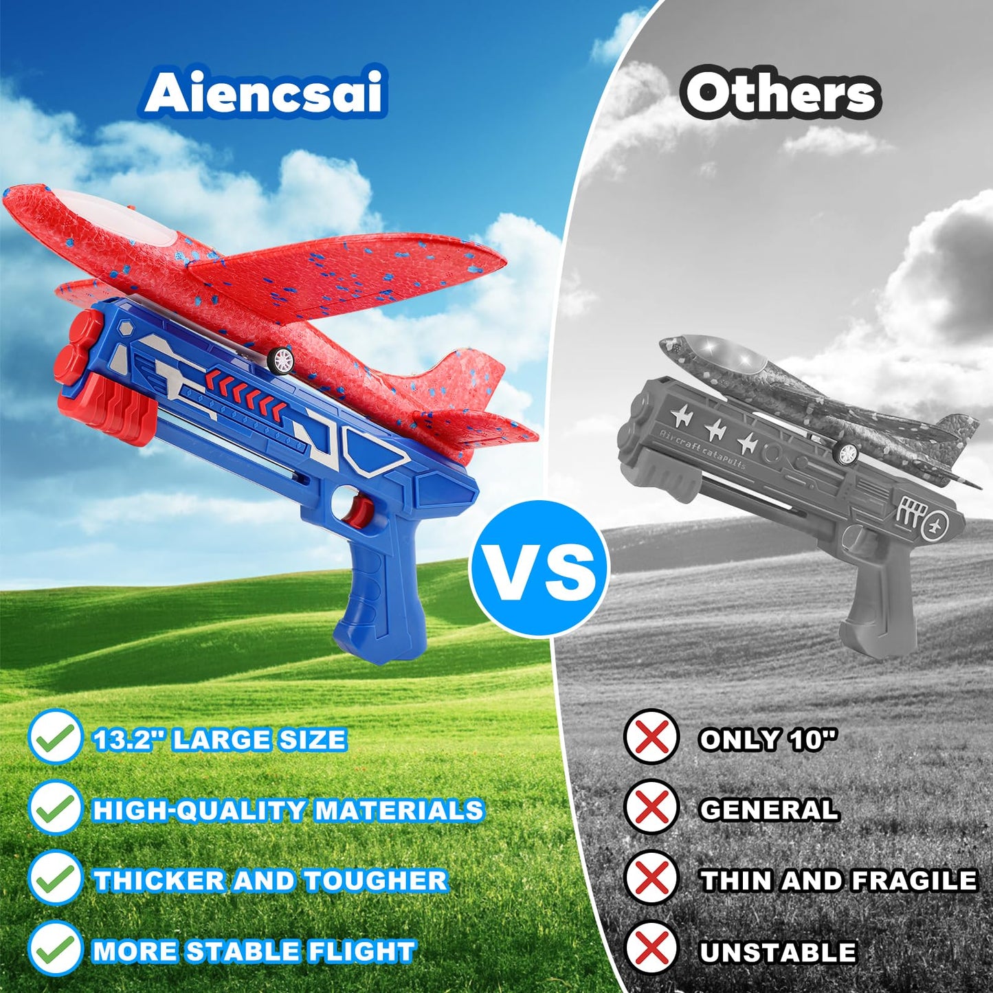 3 Pack Airplane Launcher Toy, 12.6" Foam Glider Led Plane, 2 Flight Mode Catapult Plane for Kids Outdoor Sport Flying Toys Gifts for 3 4 5 6 7 8 9 10 12 Year Old Boys Girls