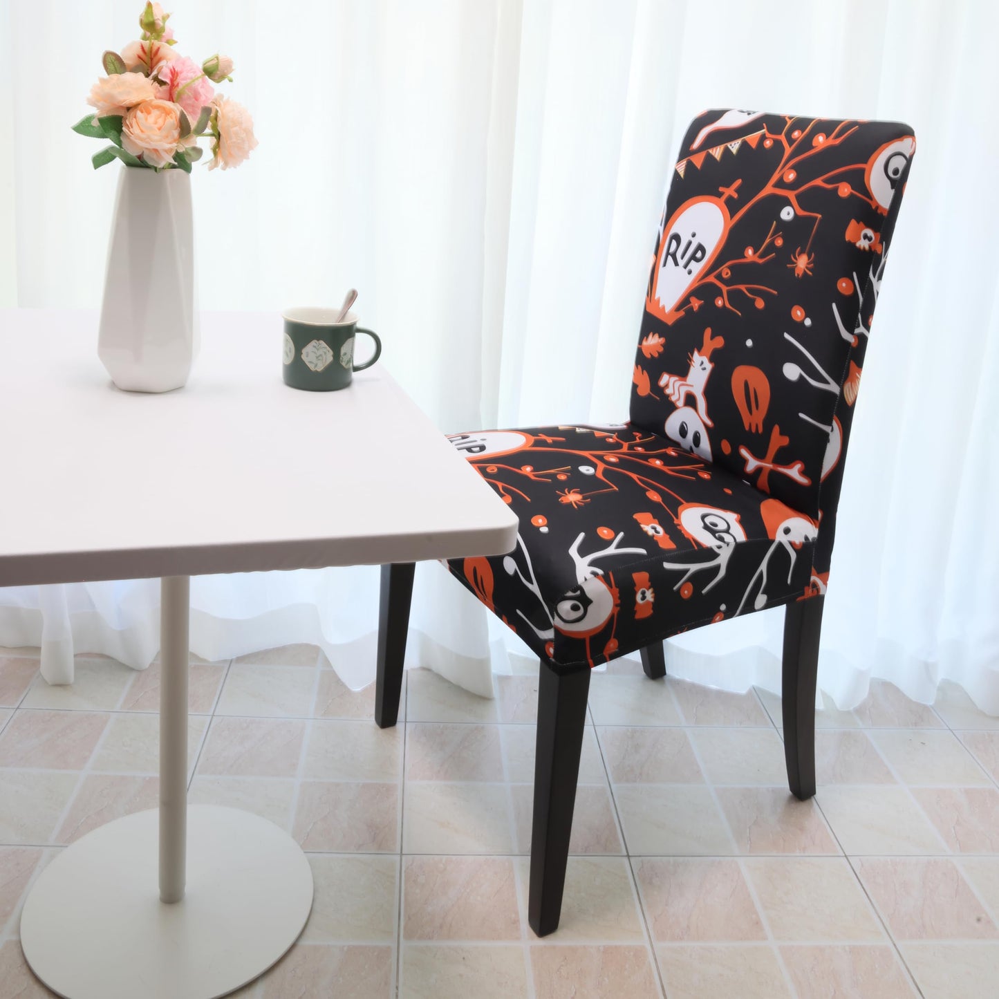 Amonsa Kitchen Dining Room 2 Pcs Chair Covers for Halloween Party Parson Chair Covers Reusable Washable Strech Fabric with Elastic Orange Cute Ghost