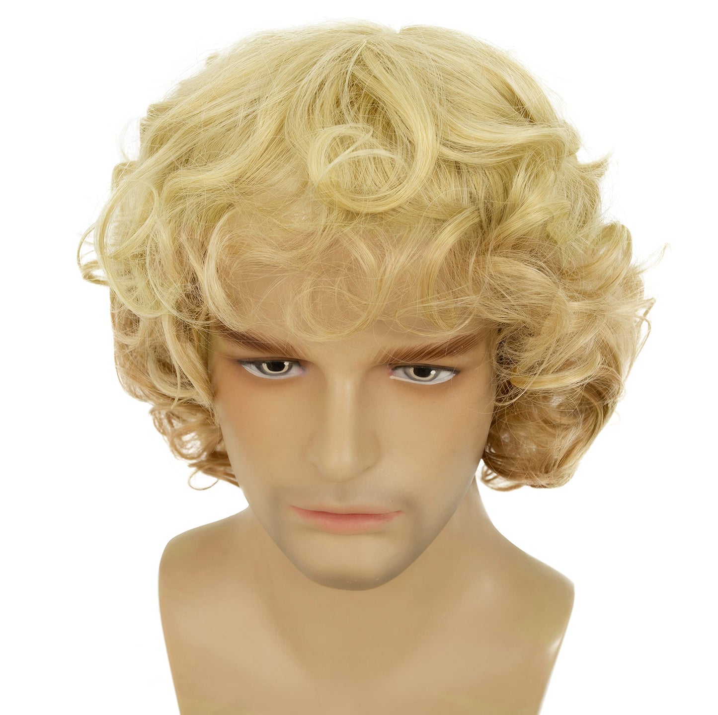 Beweig Mens Blonde Wig Short Wavy Fluffy Natural Synthetic Wig with Bangs Costume Daily Party Cosplay Halloween Wig for Males