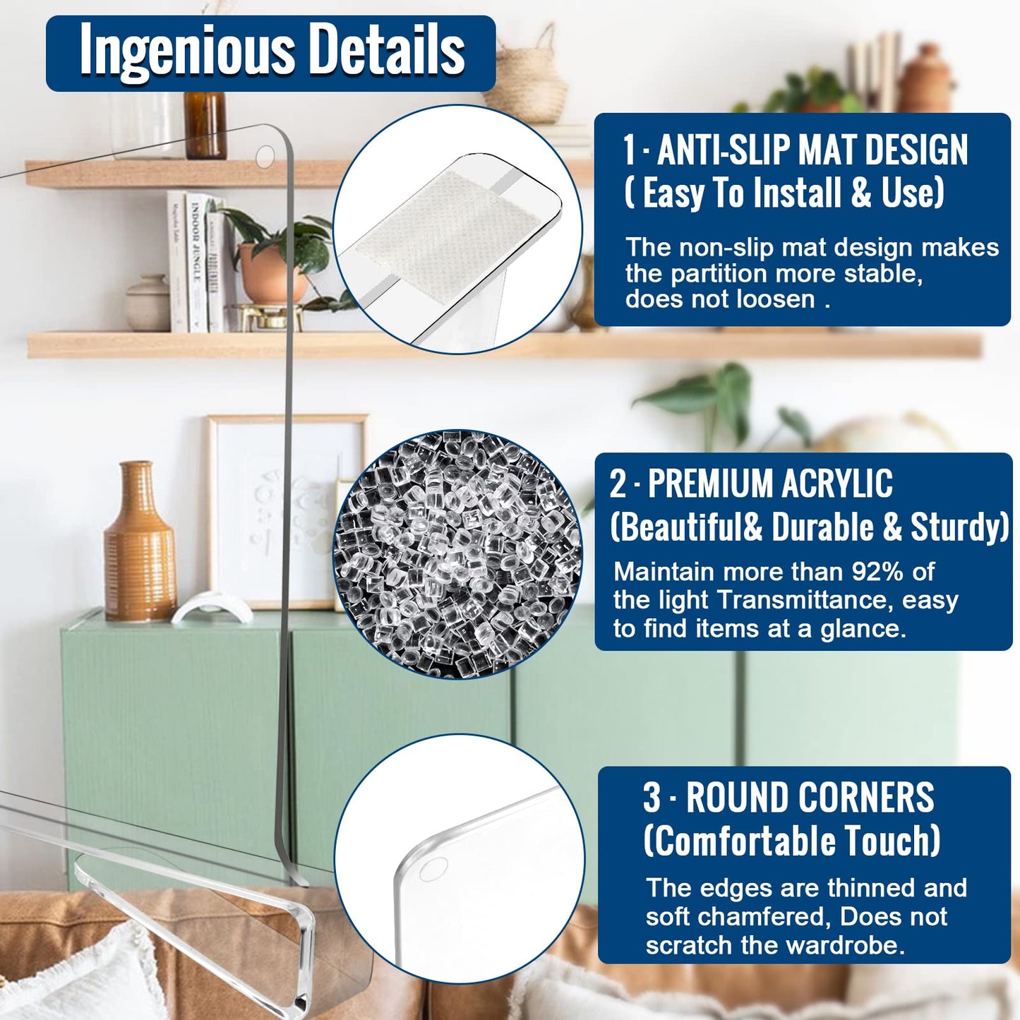 BAUMFEUER 12 Pack Clear Acrylic Shelf Dividers for Closet Shelf Organizer of Bedroom Kitchen Office Bathroom Organizer for Clothes Books Hats and Handbags