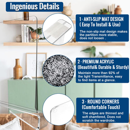 BAUMFEUER 12 Pack Clear Acrylic Shelf Dividers for Closet Shelf Organizer of Bedroom Kitchen Office Bathroom Organizer for Clothes Books Hats and Handbags