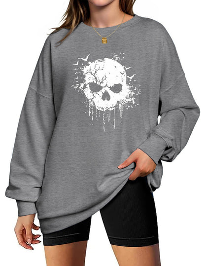 Zeagoo Women's Halloween Pumpkin Face Long Sleeve Sweatshirts Lightweight Casual Pullover Tops Grey Skull XL