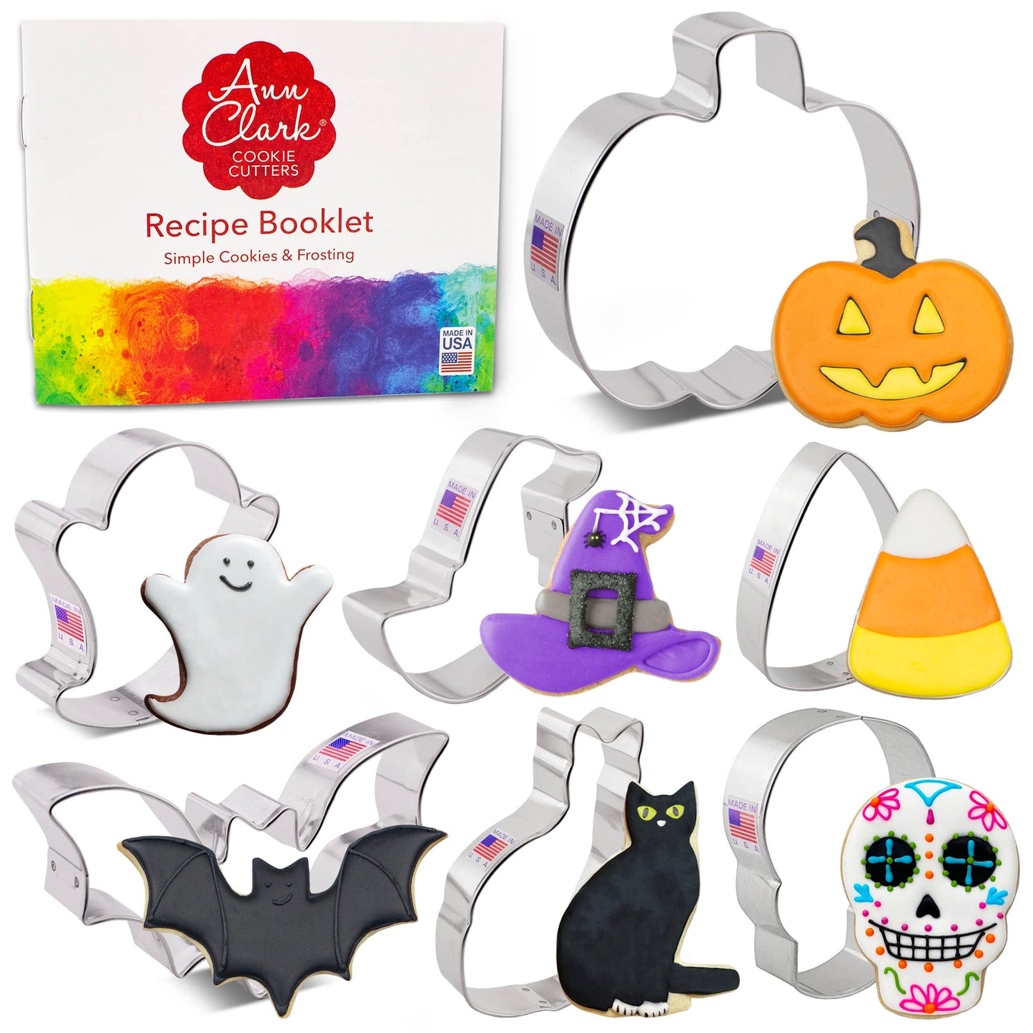 Ann Clark Cookie Cutters Halloween Cookie Cutters 7-Pc. Set Made in USA, Pumpkin, Ghost, Bat, Candy Corn, Skull, Black Cat, Witch Hat