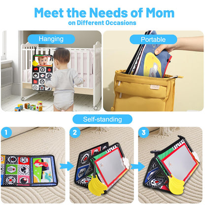 Baby Mirror Toys for Tummy Time, Newborn Infant 0 3 4 6 12 Months Old Boy, Girl Gift. Brain Developmental Montessori Sensory High Contrast Crinkle Book w Safe Mirror for Floor, Crib, Car, Bouncer