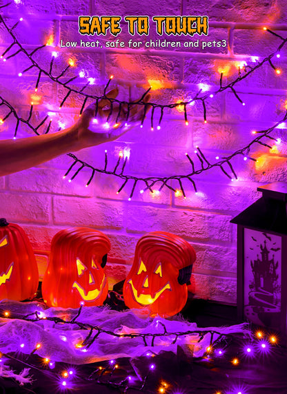 Brightown Battery Operated Halloween Lights Outdoor, 10FT 120 LED Orange and Purple Halloween Cluster Lights with Timer, 8 Modes Waterproof Twinkle Fairy String Lights for Indoor Decorations