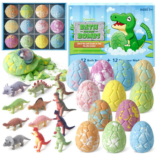 CalmNFiz Bath Bombs with Surprise Dinosaur Toys Inside, 12 Pack Organic and Natural Bubble Bath Bombs, Stocking Stuffers for Kids, Bath Bomb Set for Her/Him,Mothers Day Presents for Mom