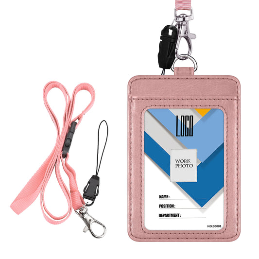 Badge Holder, Wisdompro 2-Sided PU Leather ID Badge Card Holder Wallet Case with 1 Clear ID Window and 1 Credit Card Slot and 22 Inch Quick Rlease Detachable Neck Lanyard Strap-Rose Gold (Vertical)