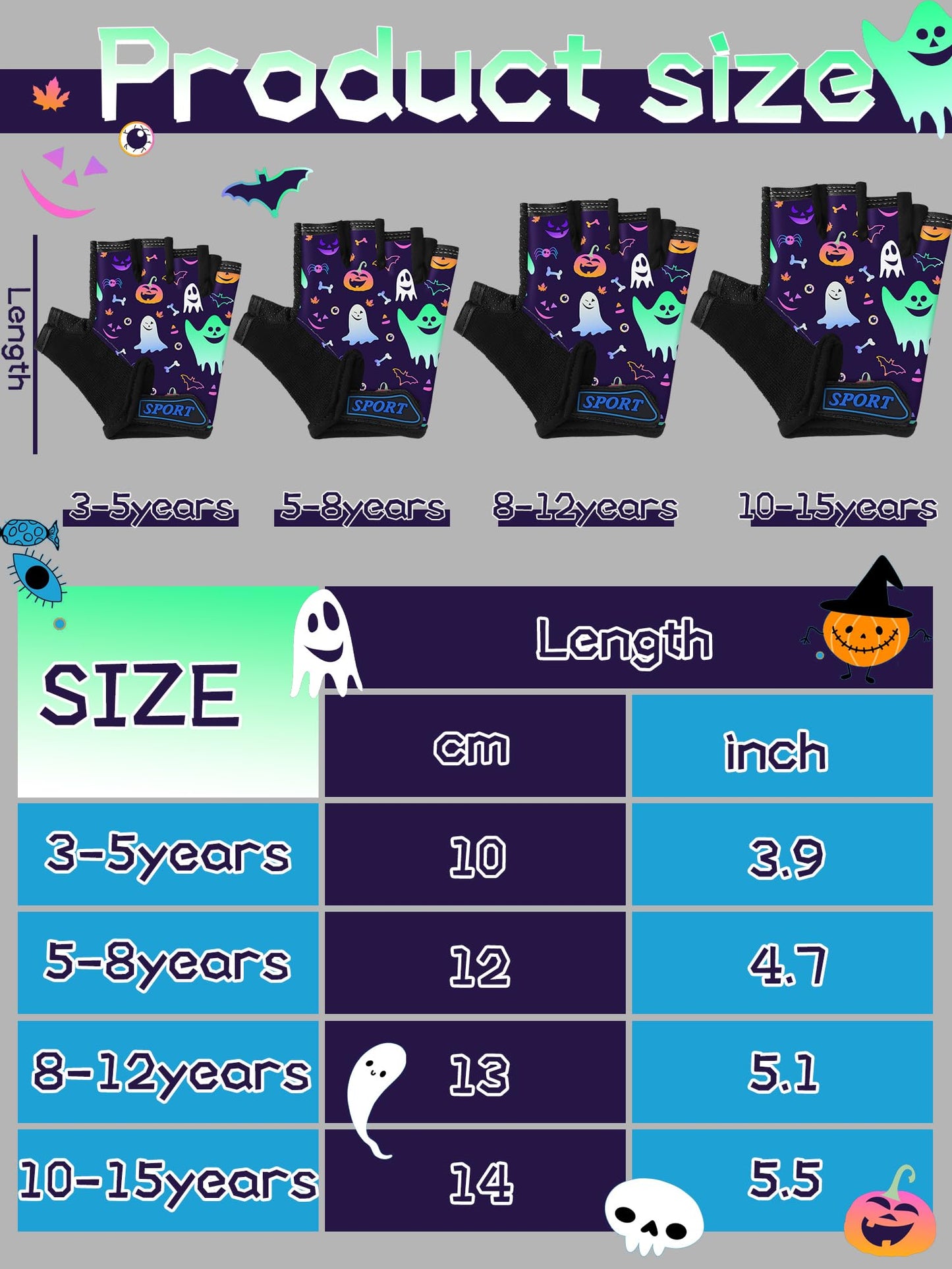 Boao 3 Pairs Kids Bike Gloves Kids Half Finger Fingerless Workout Gloves Non-Slip Gel for Bike Motorcycle(Halloween 1,3-5 Years)