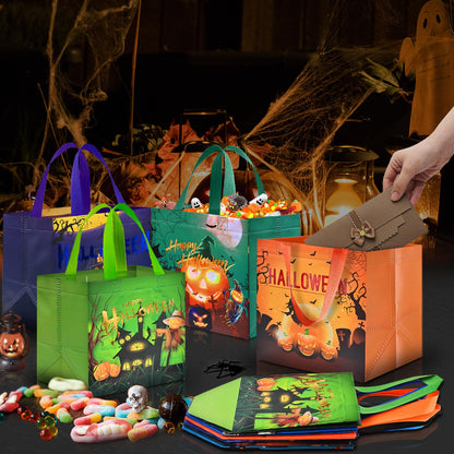 AhfuLife 12 Pcs Halloween Trick or Treat Bags, Candy Tote Bags with Handles, Reusable Non-Woven Gift Bag for Halloween Party Supplies Favors (7.8×7.8×5.9’’)