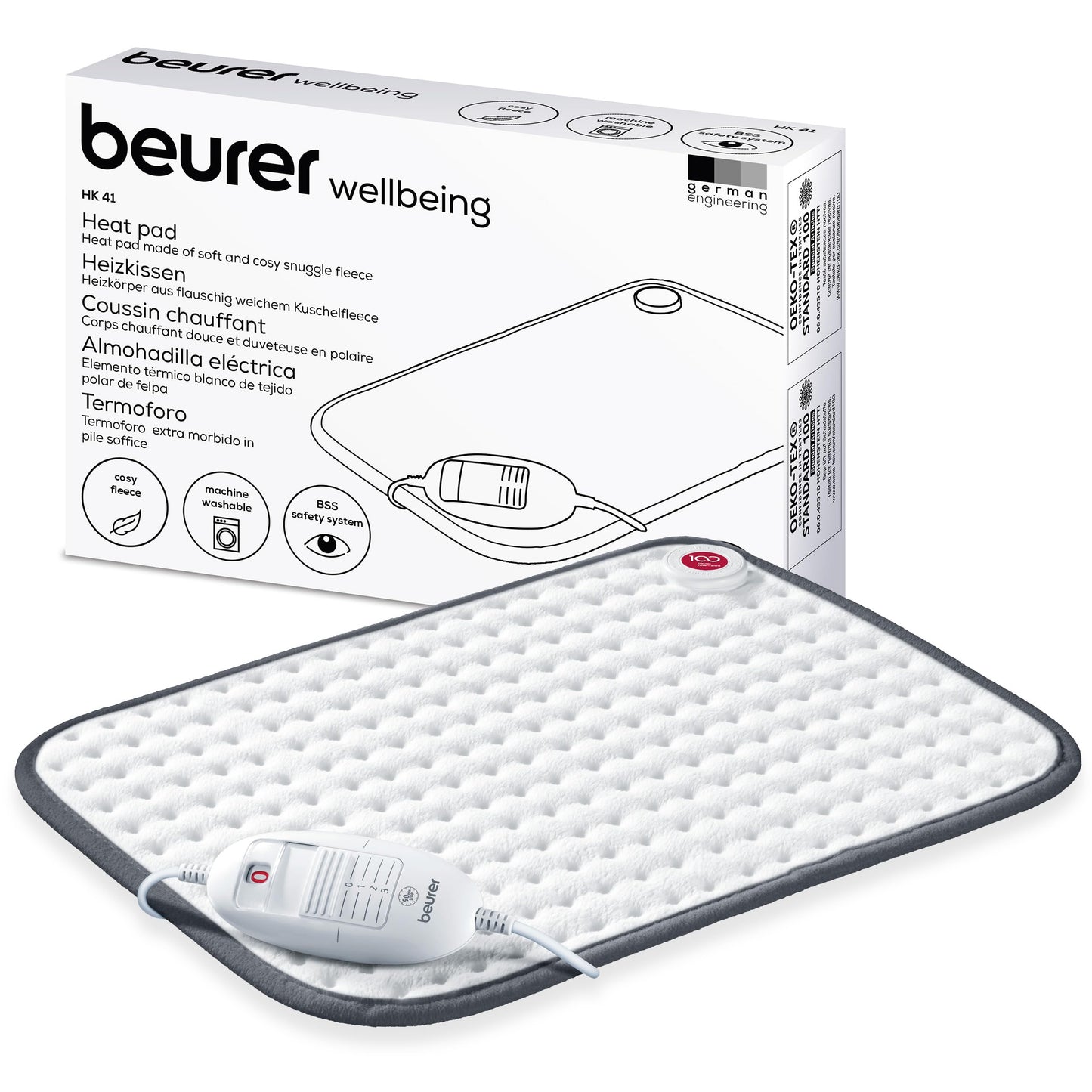 Beurer HK 41 Heating Pad Cuddly Heat Pad with 3 Temperature Settings and Automatic Shut-Off, Machine Washable, Made in Europe, White/Grey