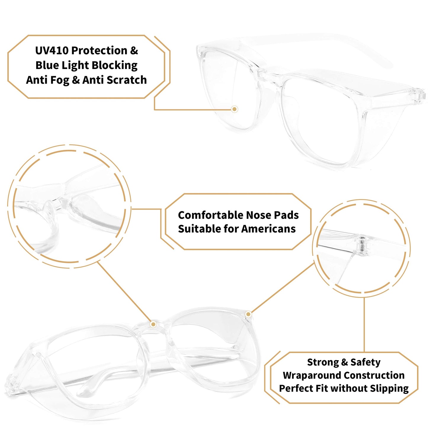 Alsenor Safety Glasses Anti Fog Goggles Protective Eyewear Blue Light Blocking Anti Dust UV Protection Glasses For Men Women (Transparent)