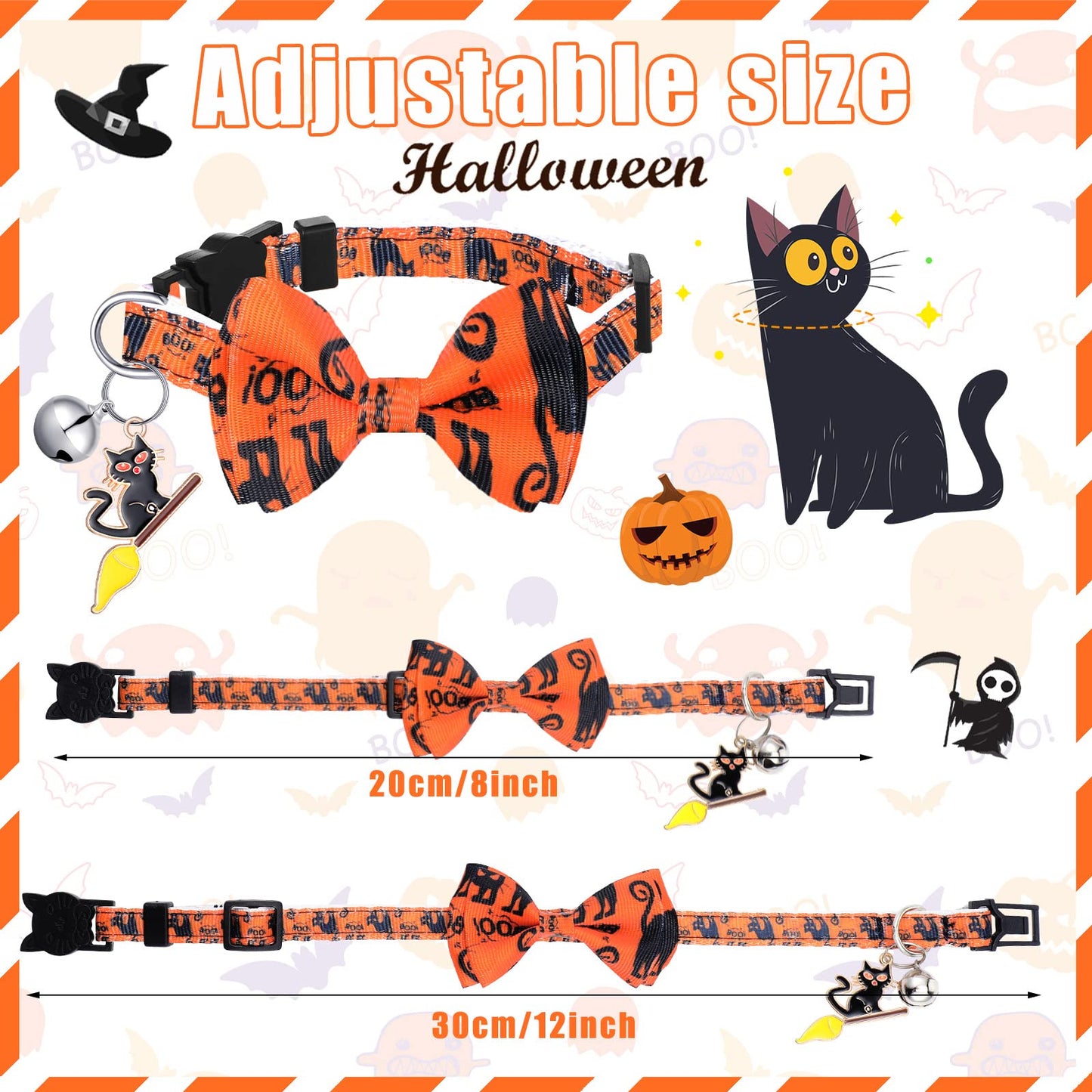 6 Pcs Halloween Cat Collar with Bow Tie and Bells, Breakaway Kitten Collar Ghost Pumpkin Witch Skull with Buckle Adjustable 7-11 Inch Funny Gothic Cat Supplies