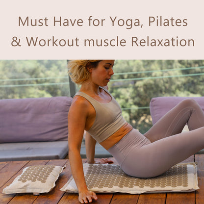 Acupressure Mat & Pillow Set with Hot/Cold Gel Pack for Back and Neck Pain Relief, Sciatica and Pressure Point Aches - Ideal Acupuncture Mat for Sleeping Aid & Workout Recovery (Natural Linen)