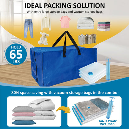6 Pack Heavy Duty Extra Large Moving Bags with Backpack Straps & Vacuum Storage Bags Moving Supply Combo, Moving Totes with Handles & Zippers for Space Saving, Fold Flat, Includes Vacuum Bags