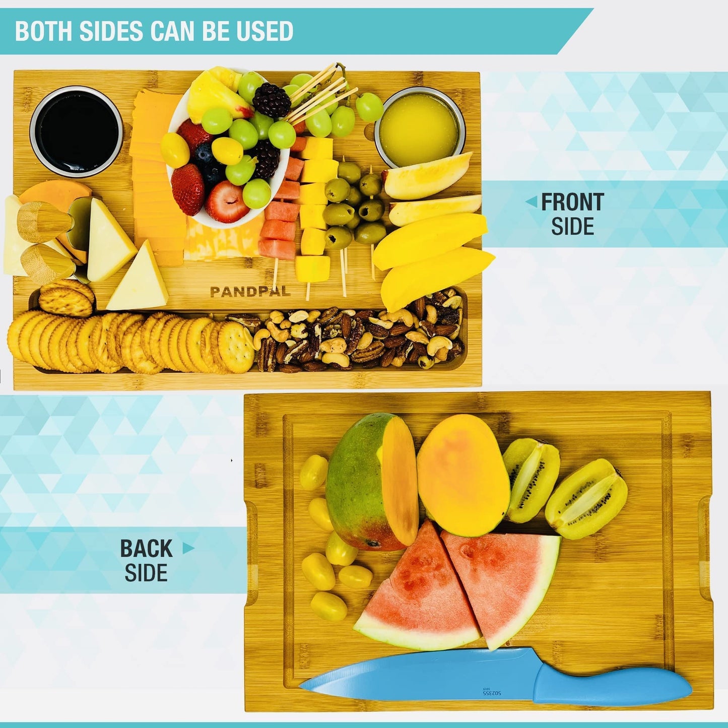 Bamboo Cheese Board with Knives & Bowls - Extra Large Wooden Cutting Board Platter for Wine & Charcuterie