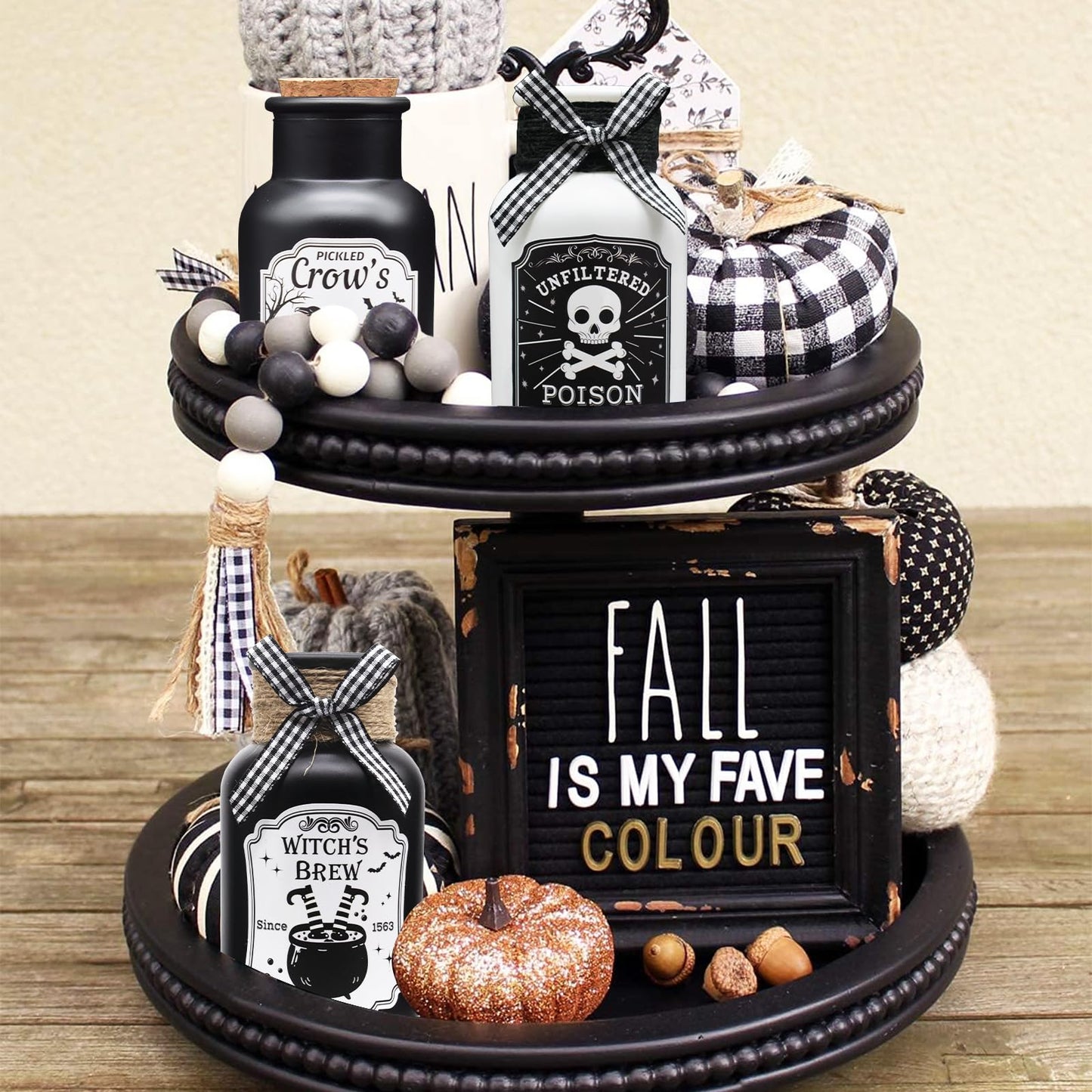 Ainswei Halloween Decorations Indoor, 4 Potion Bottle with Cork, 12PCS Label Halloween Stickers, Black and White Apothecary Glass Bottles, For Tiered Tray Table Home Room Halloween Decor