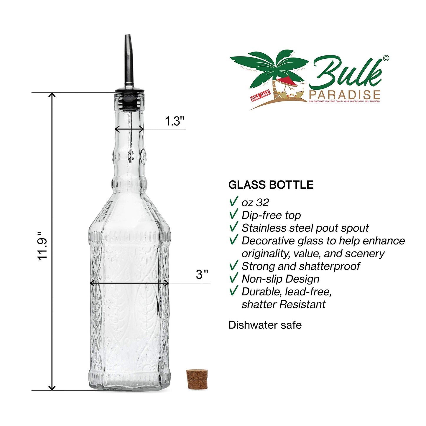 BULK PARADISE Large Clear Decorative Glass Bottle with Spout and Cork, 32oz, 1 Bottle - Design: VINO (3in X 11.9in)