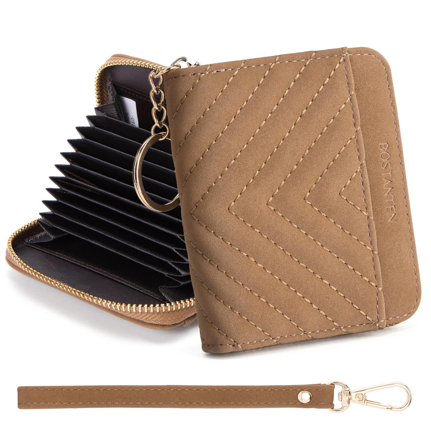 BOSTANTEN Credit Card Holder Wallet RFID Blocking Leather Small Wallet for Women Zipper Keychain Wallet with Wristlet Suede Brown